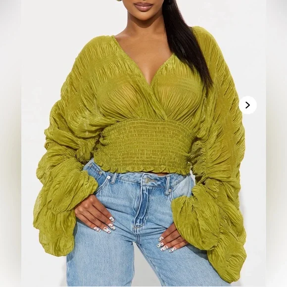 Chartreuse Green Chiffon Long Sleeve Bell Sleeve Top | Brand New | Small - Picture 7 of 9